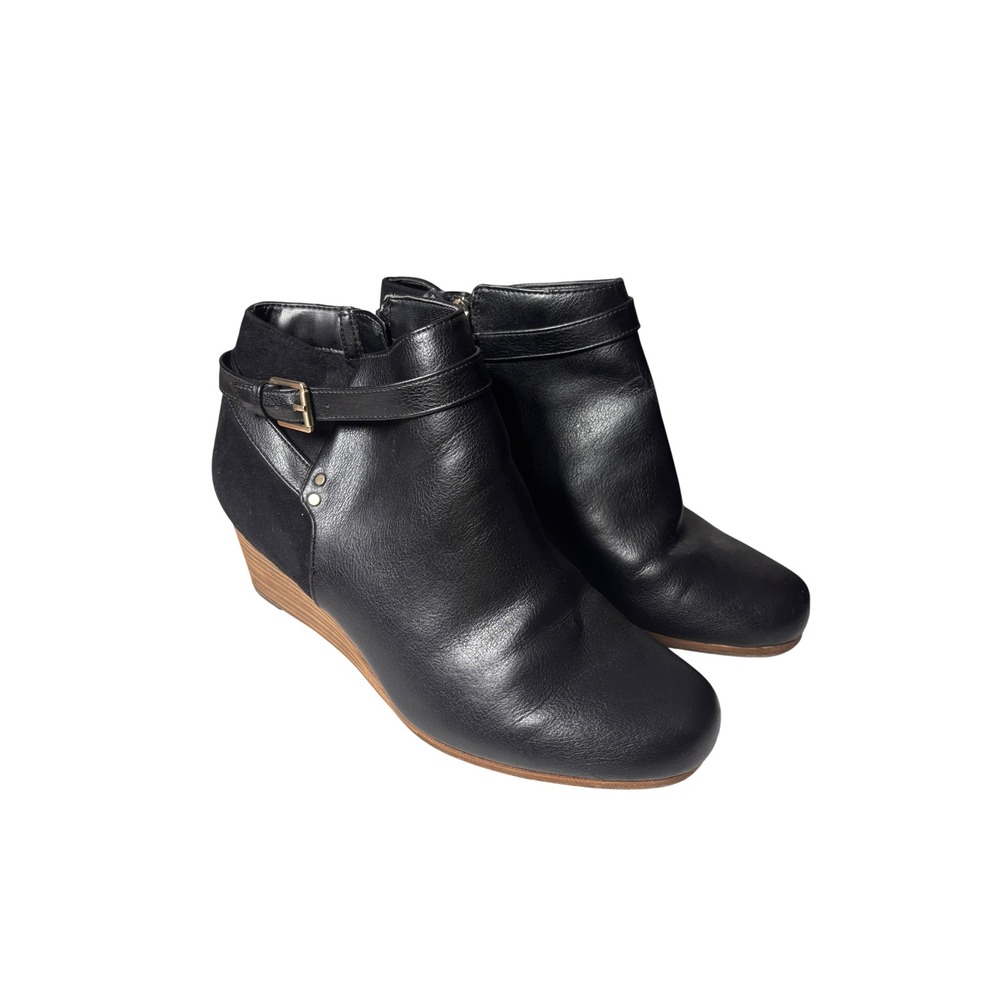 Dr Scholls Memory Foam Wedge Ankle Boots 9.5W Black Buckle Strap Double Bootie